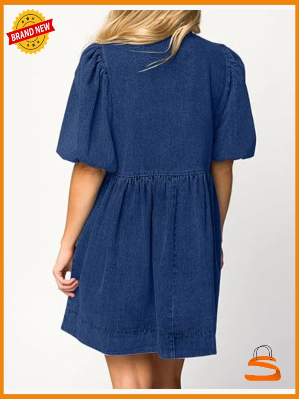 Puff Sleeve Babydoll Denim Romper Dress with Pockets - Picture 3 of 7